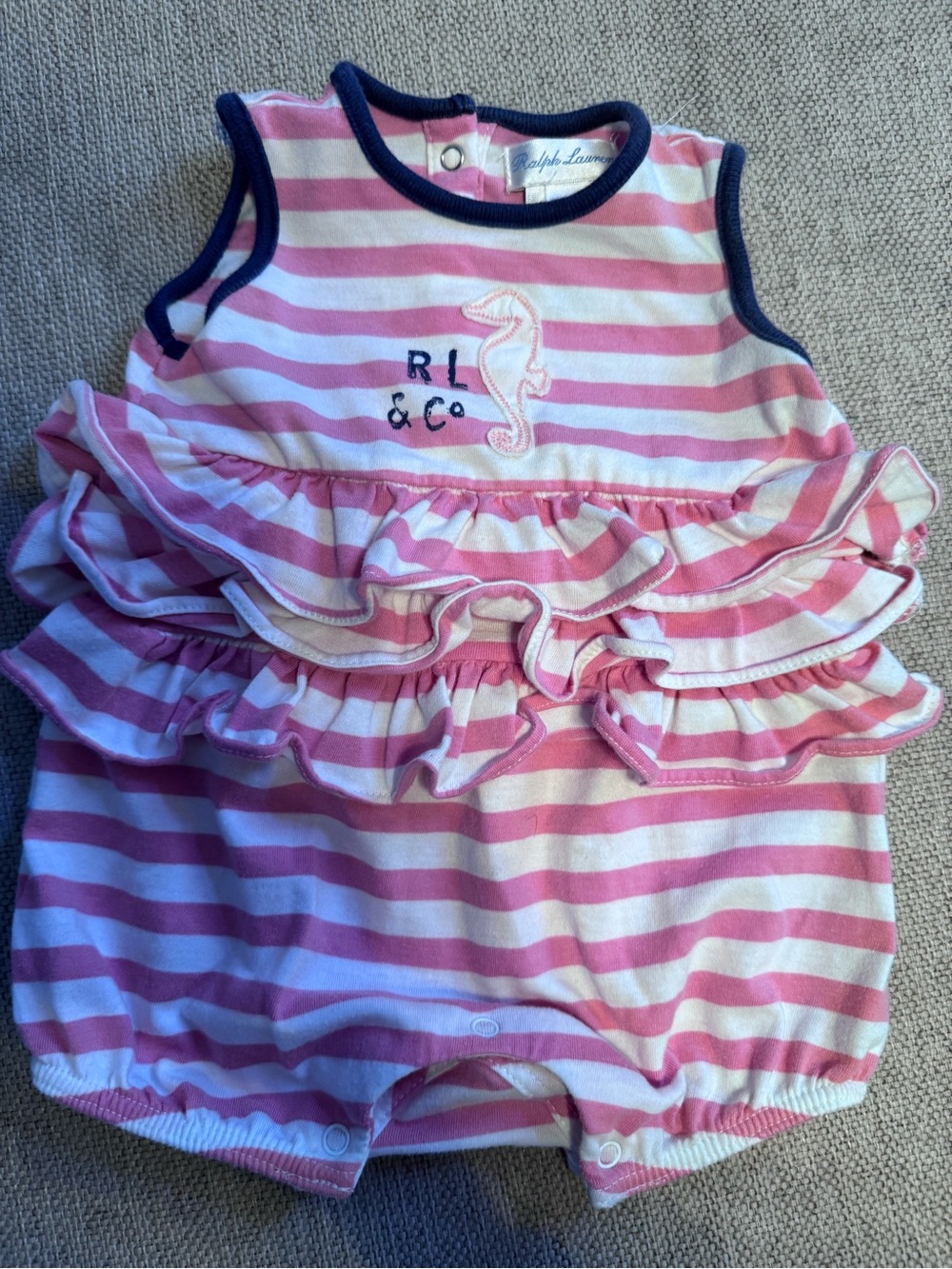 Ralph Lauren Pink & White Striped Ruffle Baby Romper with Navy Trim 3 Months